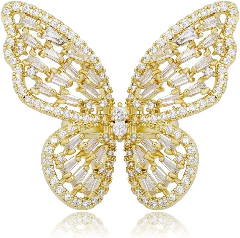Gold Adjustable Butterfly Rings for Women Cubic Zirconia Ring Jewelry (Gold)