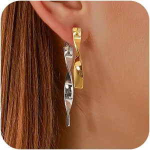 Gold and Sterling Silver Dangle Earrings for Women Two Tone Earrings for Women Mix Color Statement Studs Simple Minimalist Earrings Jewelry Accessories Gift for Prom Party