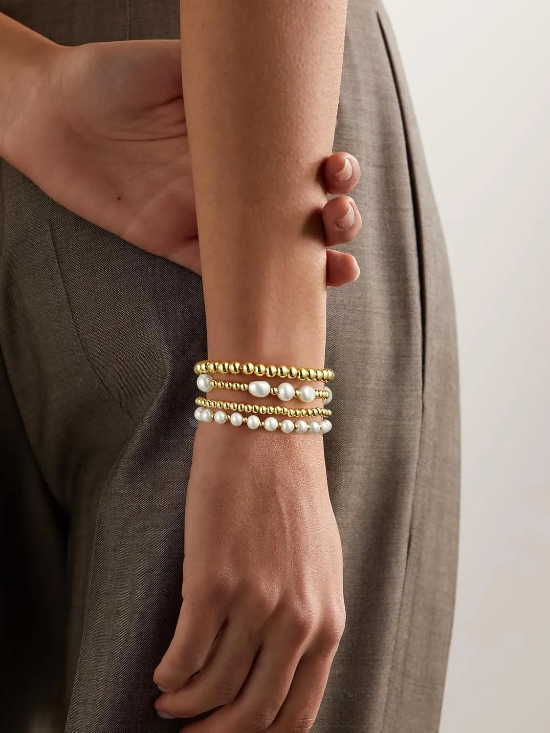 Gold Beaded Bracelets for Women Baroque Pearl Stackable14K Gold Plated Stretch Bead Ball Bracelet Jewelry Gifts