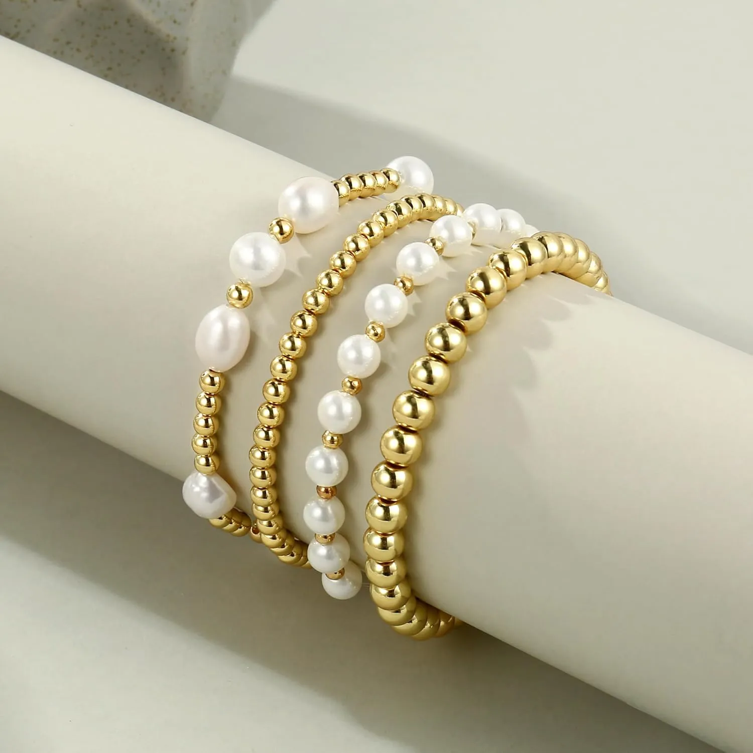Gold Beaded Bracelets for Women Baroque Pearl Stackable14K Gold Plated Stretch Bead Ball Bracelet Jewelry Gifts