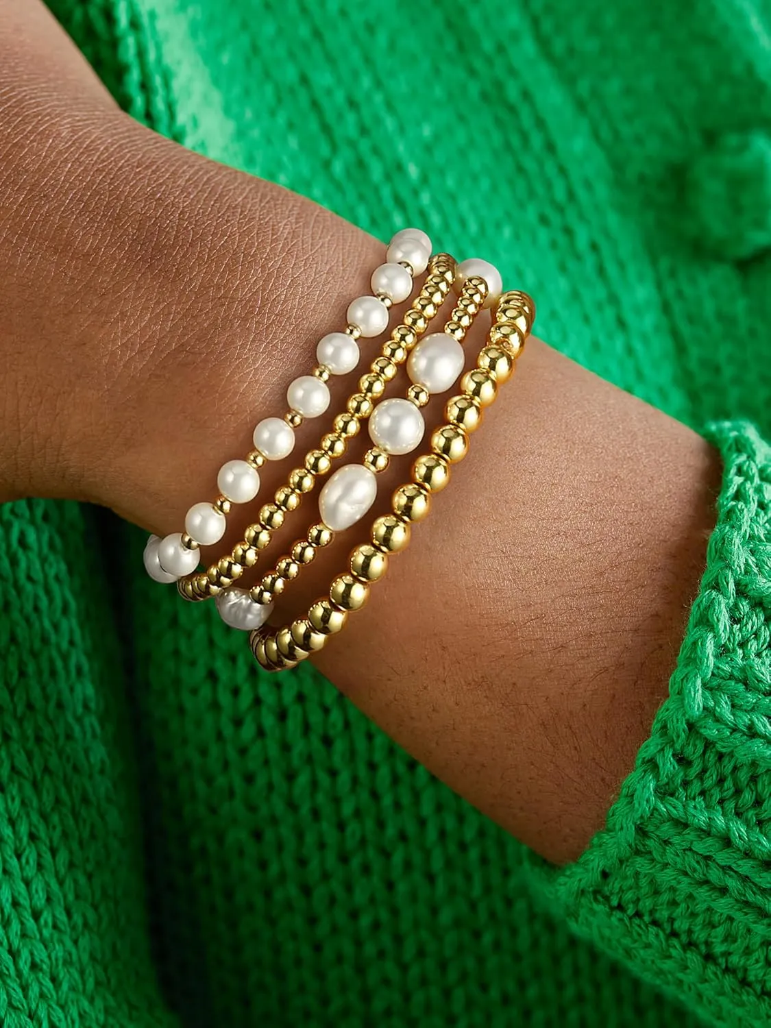 Gold Beaded Bracelets for Women Baroque Pearl Stackable14K Gold Plated Stretch Bead Ball Bracelet Jewelry Gifts