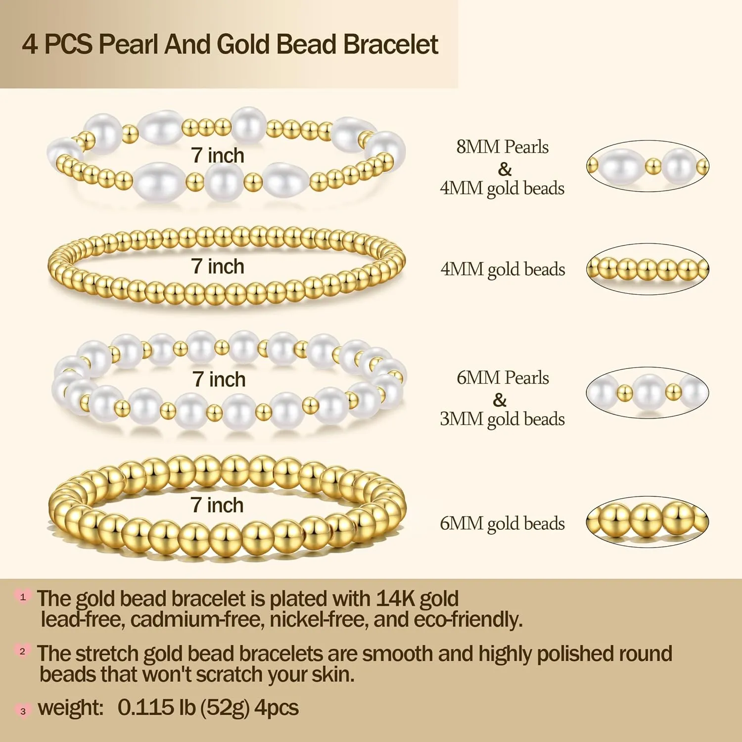 Gold Beaded Bracelets for Women Baroque Pearl Stackable14K Gold Plated Stretch Bead Ball Bracelet Jewelry Gifts
