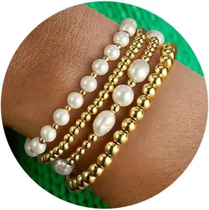 Gold Beaded Bracelets for Women Baroque Pearl Stackable14K Gold Plated Stretch Bead Ball Bracelet Jewelry Gifts