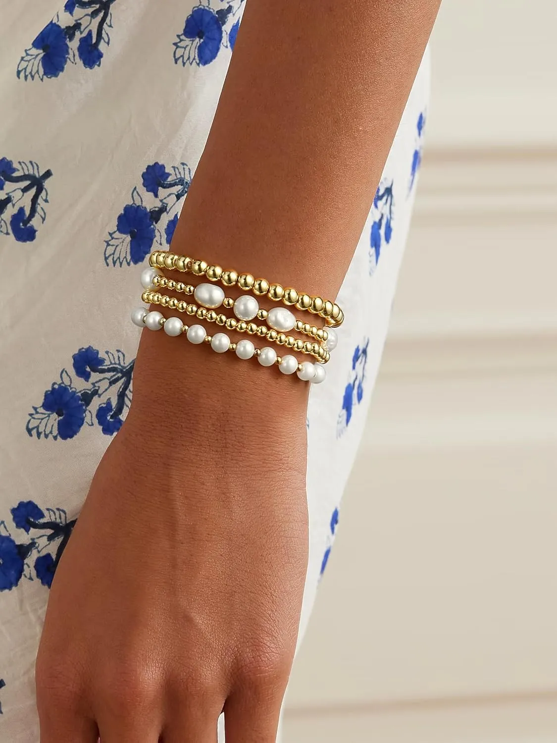 Gold Beaded Bracelets for Women Baroque Pearl Stackable14K Gold Plated Stretch Bead Ball Bracelet Jewelry Gifts
