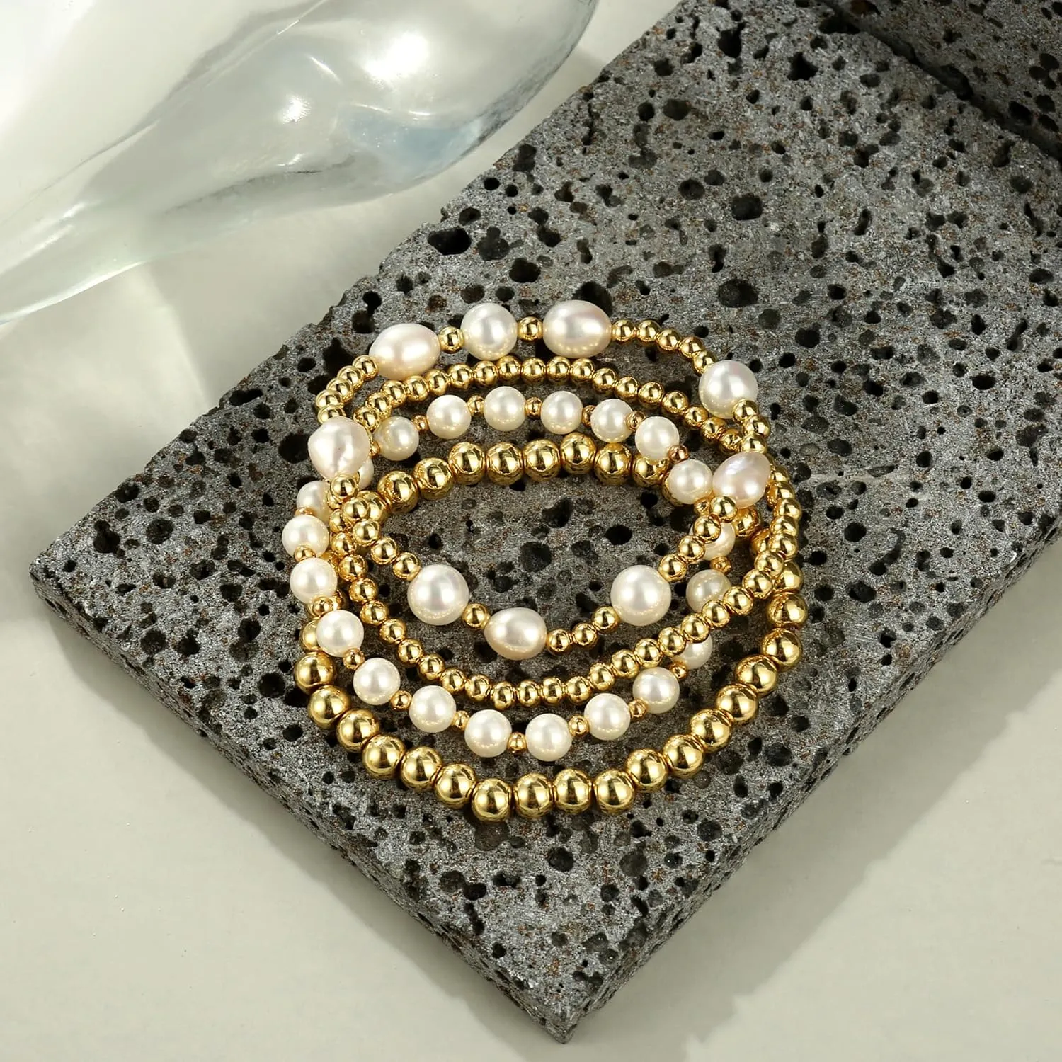 Gold Beaded Bracelets for Women Baroque Pearl Stackable14K Gold Plated Stretch Bead Ball Bracelet Jewelry Gifts
