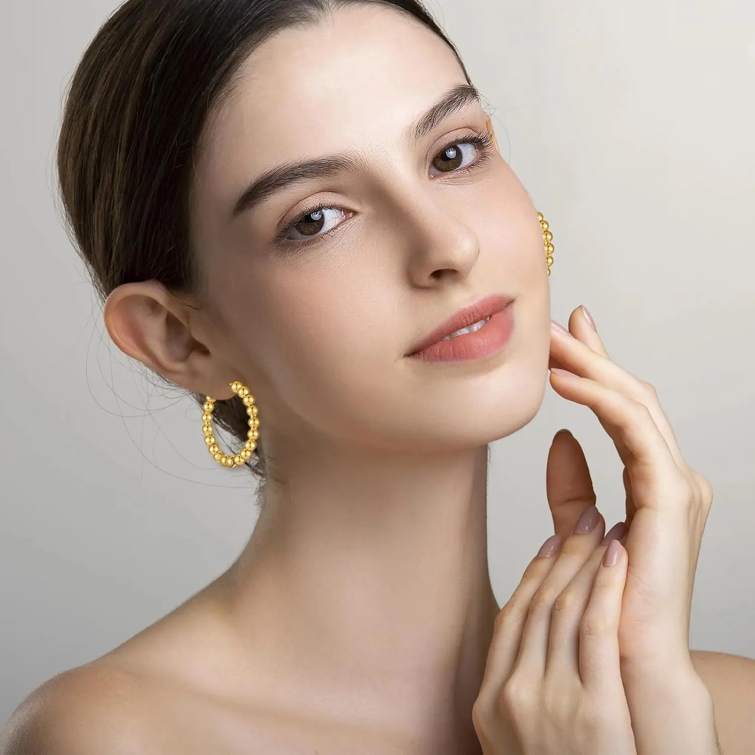 Gold Beaded Link Bamboo Hoop Earrings - Dainty Minimalist Huggie Hoop Earrings for Her