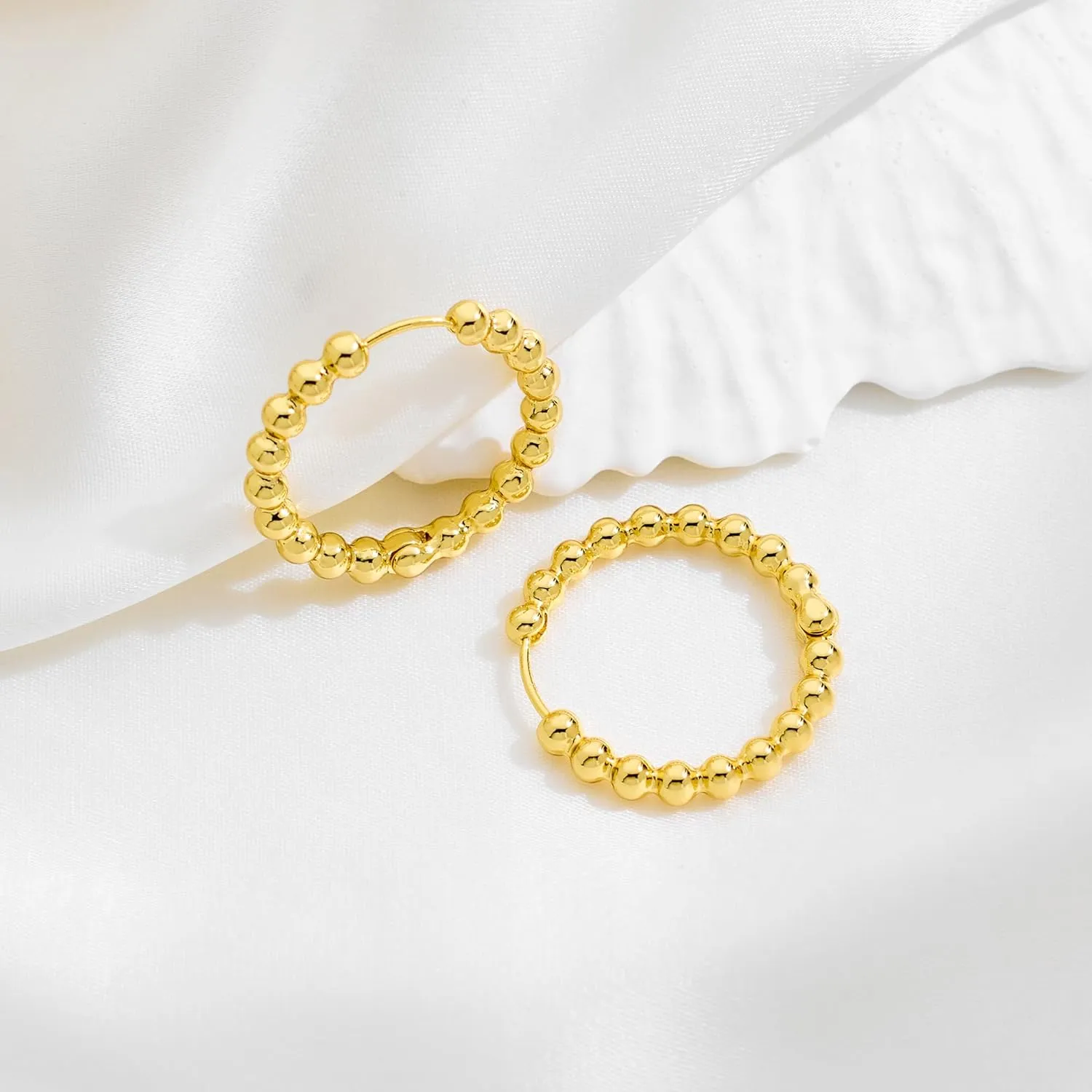 Gold Beaded Link Bamboo Hoop Earrings - Dainty Minimalist Huggie Hoop Earrings for Her