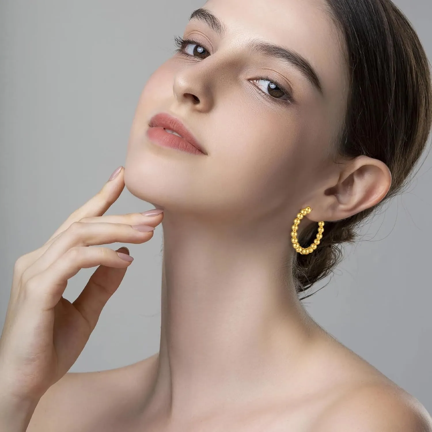 Gold Beaded Link Bamboo Hoop Earrings - Dainty Minimalist Huggie Hoop Earrings for Her