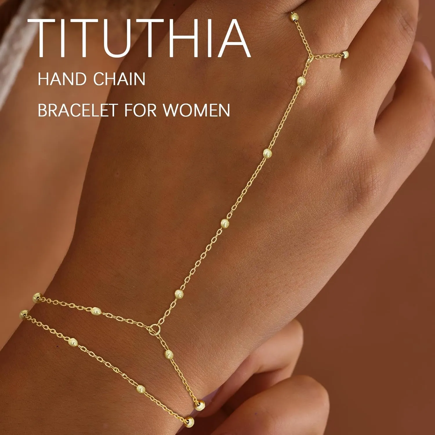 Gold Bracelets for Women Trendy, Dainty Gold Hand Chain Bracelet Stack 14k Gold Plated Finger Ring Bracelet Hand Chain Cz Layered Beaded Gold Bracelets for Women Non Tarnish Gold Jewelry Gift