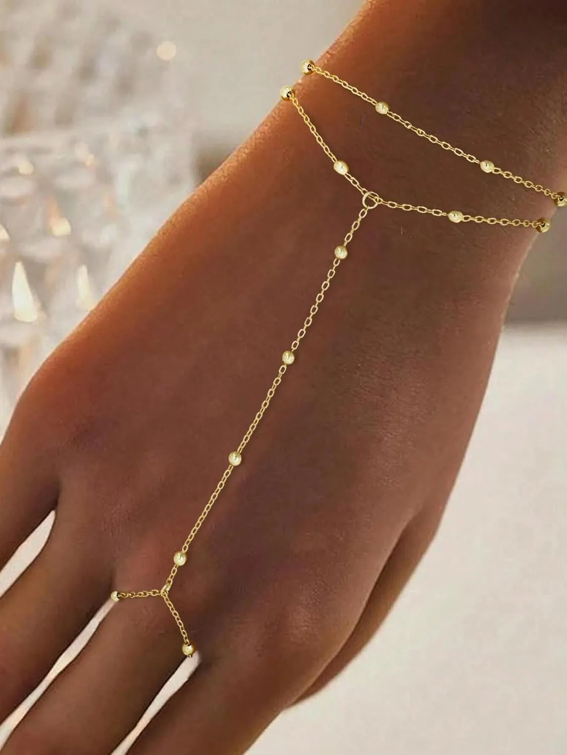 Gold Bracelets for Women Trendy, Dainty Gold Hand Chain Bracelet Stack 14k Gold Plated Finger Ring Bracelet Hand Chain Cz Layered Beaded Gold Bracelets for Women Non Tarnish Gold Jewelry Gift