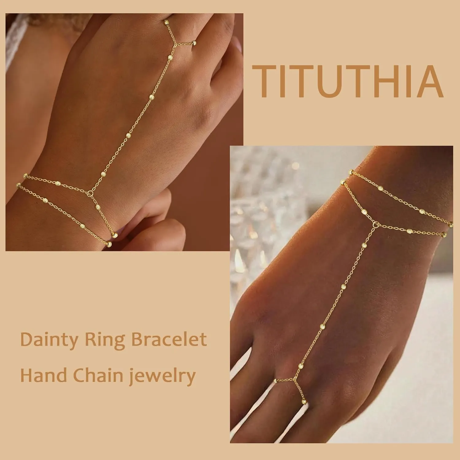Gold Bracelets for Women Trendy, Dainty Gold Hand Chain Bracelet Stack 14k Gold Plated Finger Ring Bracelet Hand Chain Cz Layered Beaded Gold Bracelets for Women Non Tarnish Gold Jewelry Gift