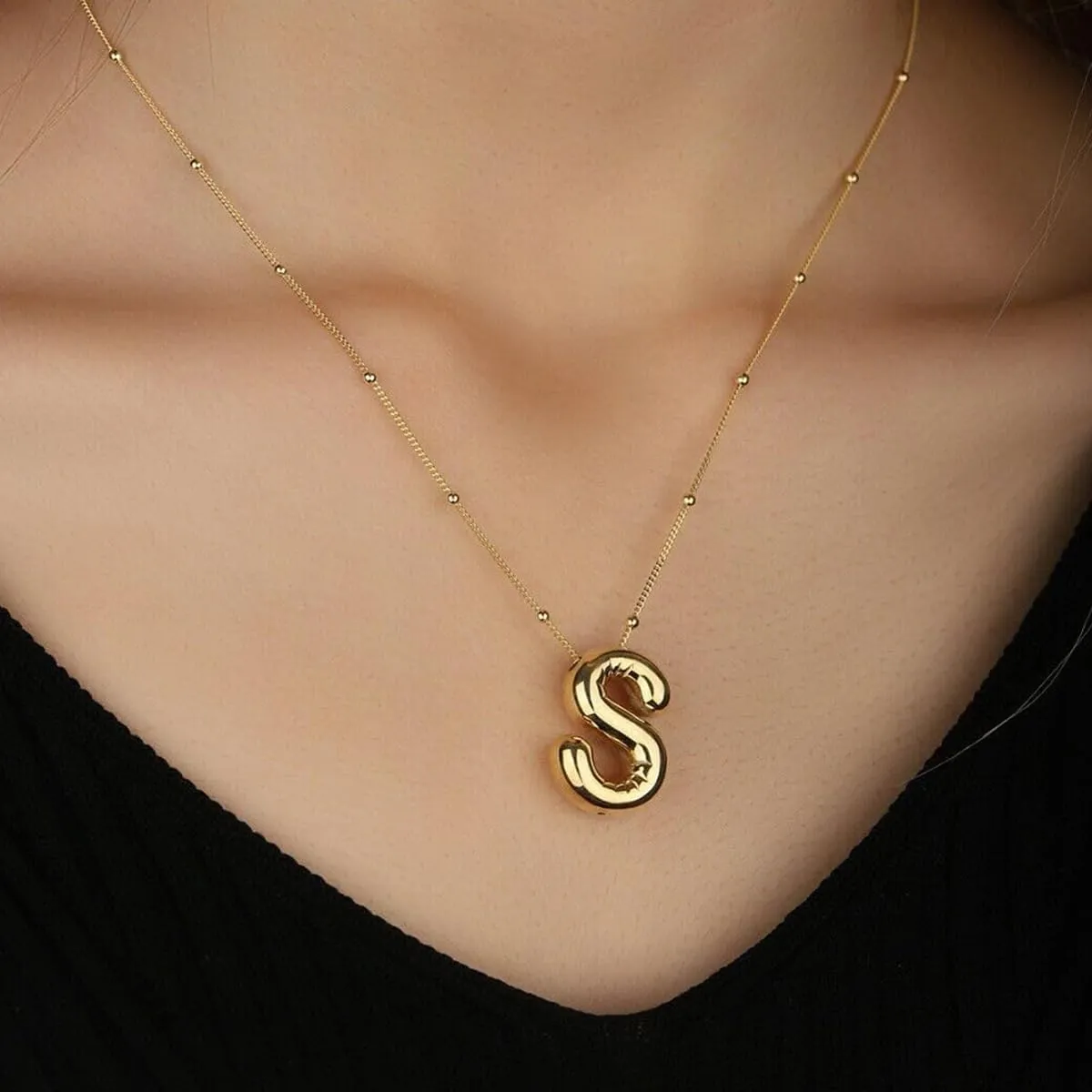 Gold Bubble Letter Necklace with Initials, Alphabet Pendant Necklace for Girlfriend Charm Balloon Letter Necklace Fashion Jewelry for Women