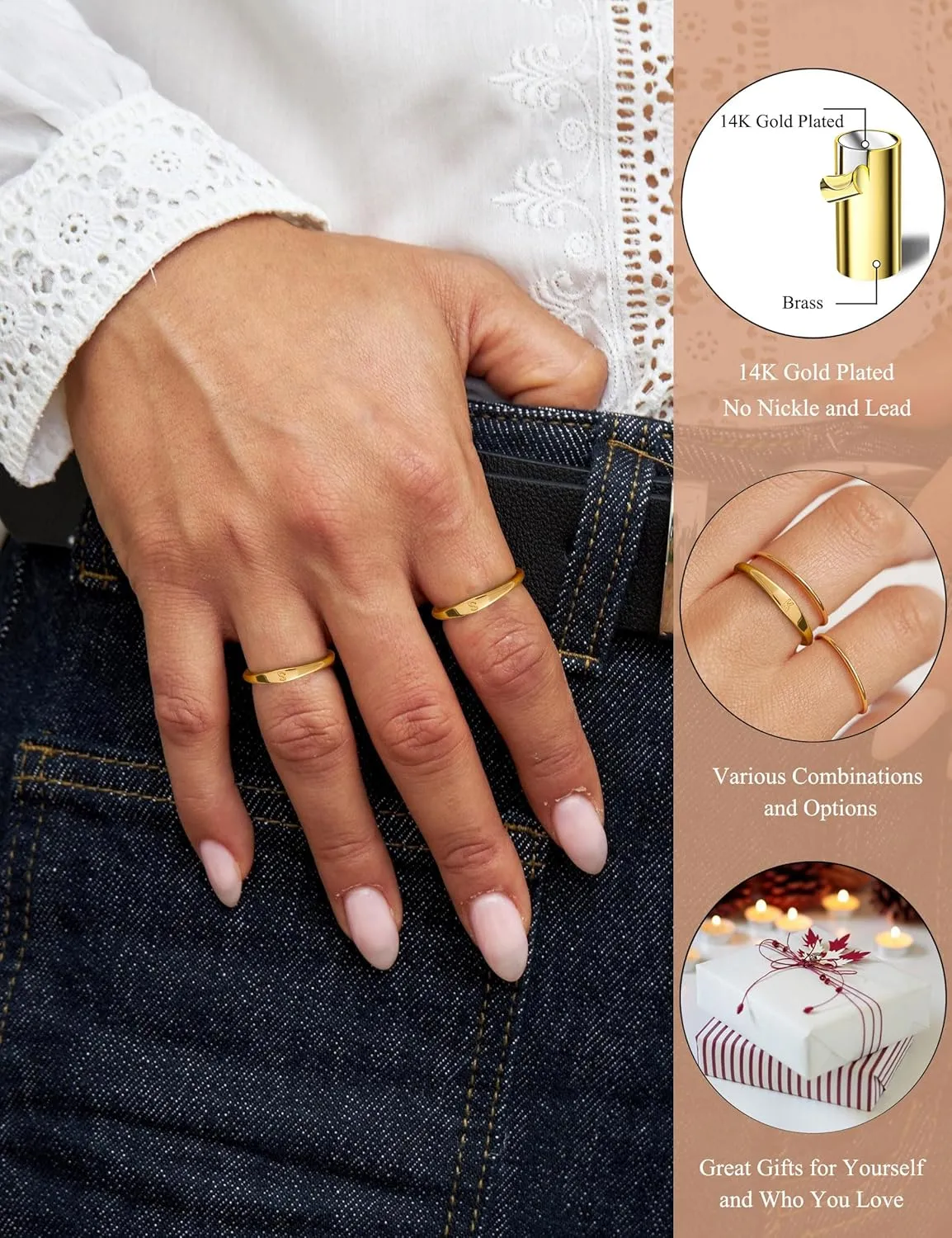 Gold Initial Rings for Women Non Tarnish 14K Gold Plated Stackable Letter Ring Dainty Pinky Wedding Bands Thumb Rings Thin Knuckle Stacking Cute Capital Letter Alphabet Jewelry Gifts Size 6-10