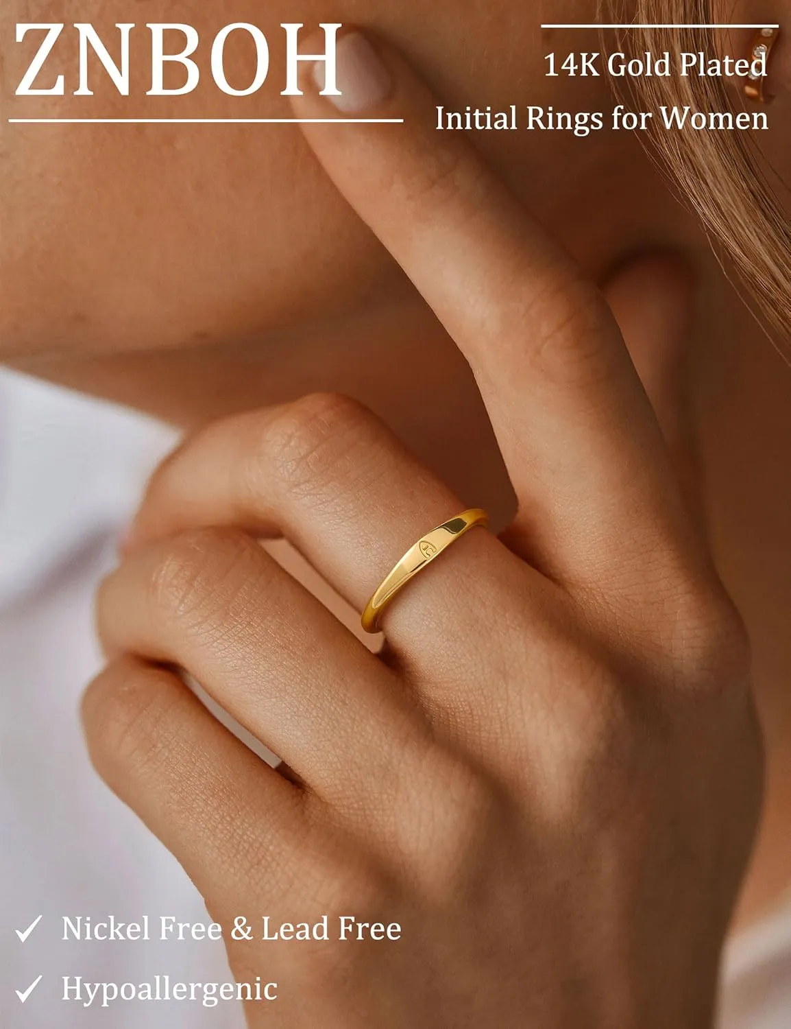 Gold Initial Rings for Women Non Tarnish 14K Gold Plated Stackable Letter Ring Dainty Pinky Wedding Bands Thumb Rings Thin Knuckle Stacking Cute Capital Letter Alphabet Jewelry Gifts Size 6-10