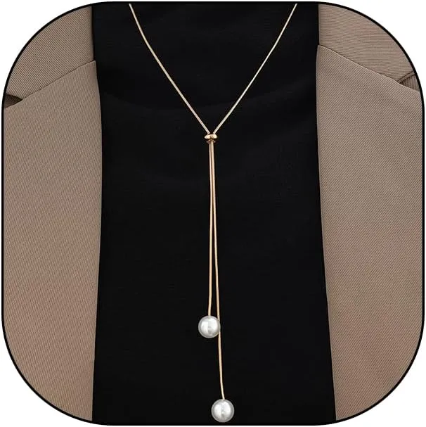 Gold Lariat Necklaces for Women Dainty Long Pearl Snake Chain Necklace Adjustable Simple Pearl Pendant Y Necklace Trendy Costume Jewelry Presents