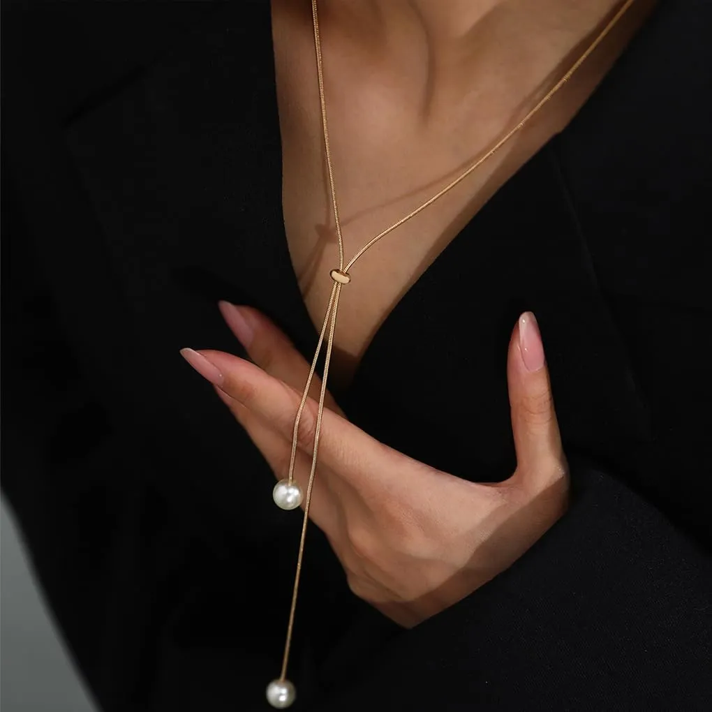 Gold Lariat Necklaces for Women Dainty Long Pearl Snake Chain Necklace Adjustable Simple Pearl Pendant Y Necklace Trendy Costume Jewelry Presents