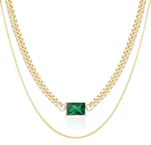 Gold Layered Necklaces for Women, 18K Gold Plated Double Chain Square Pendant Necklace Brass Dainty Jewelry Gifts