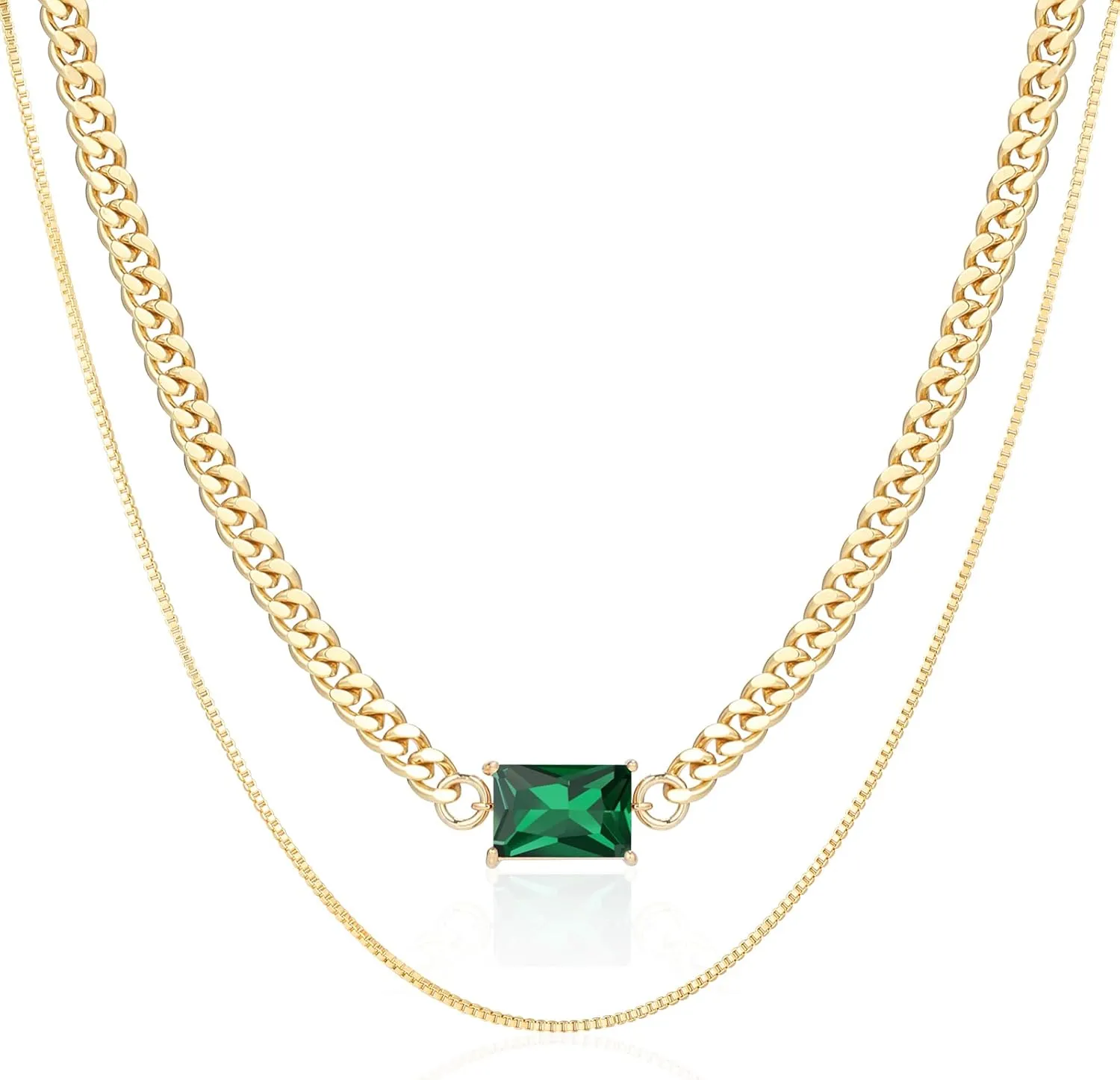 Gold Layered Necklaces for Women, 18K Gold Plated Double Chain Square Pendant Necklace Brass Dainty Jewelry Gifts