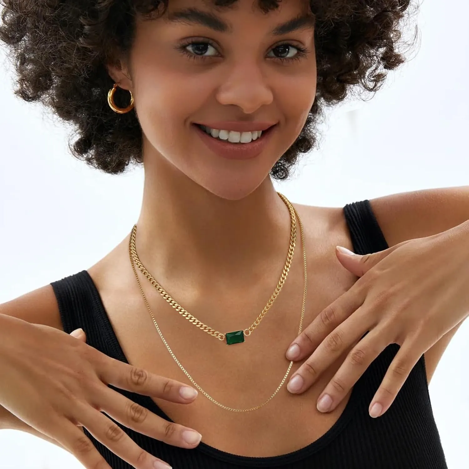 Gold Layered Necklaces for Women, 18K Gold Plated Double Chain Square Pendant Necklace Brass Dainty Jewelry Gifts