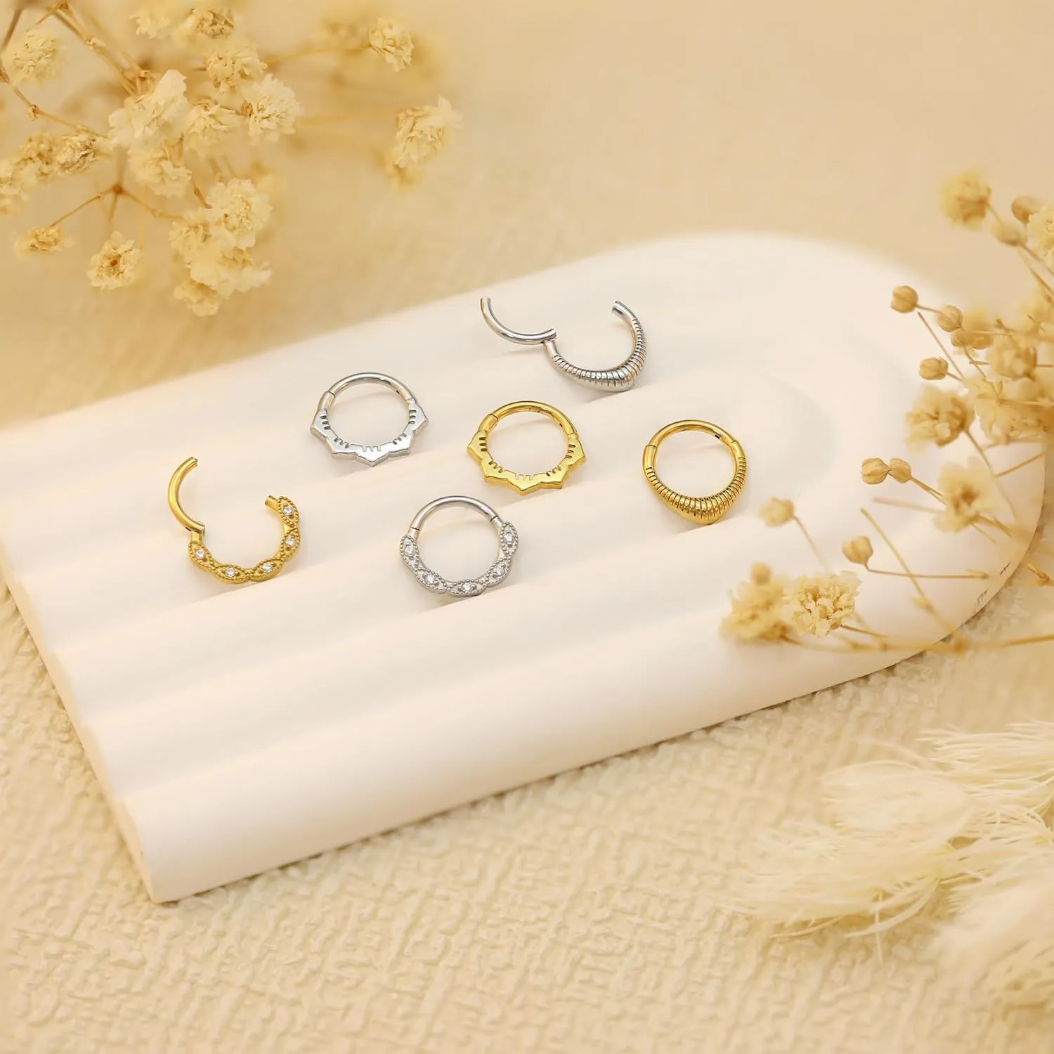 Gold Nose Rings Hoops 316L Surgical Steel Flower Nose Ring Silver Septum Rings 16g Clicker Daith Hinged Piercing Jewelry Gifts 1.2 * 8mm