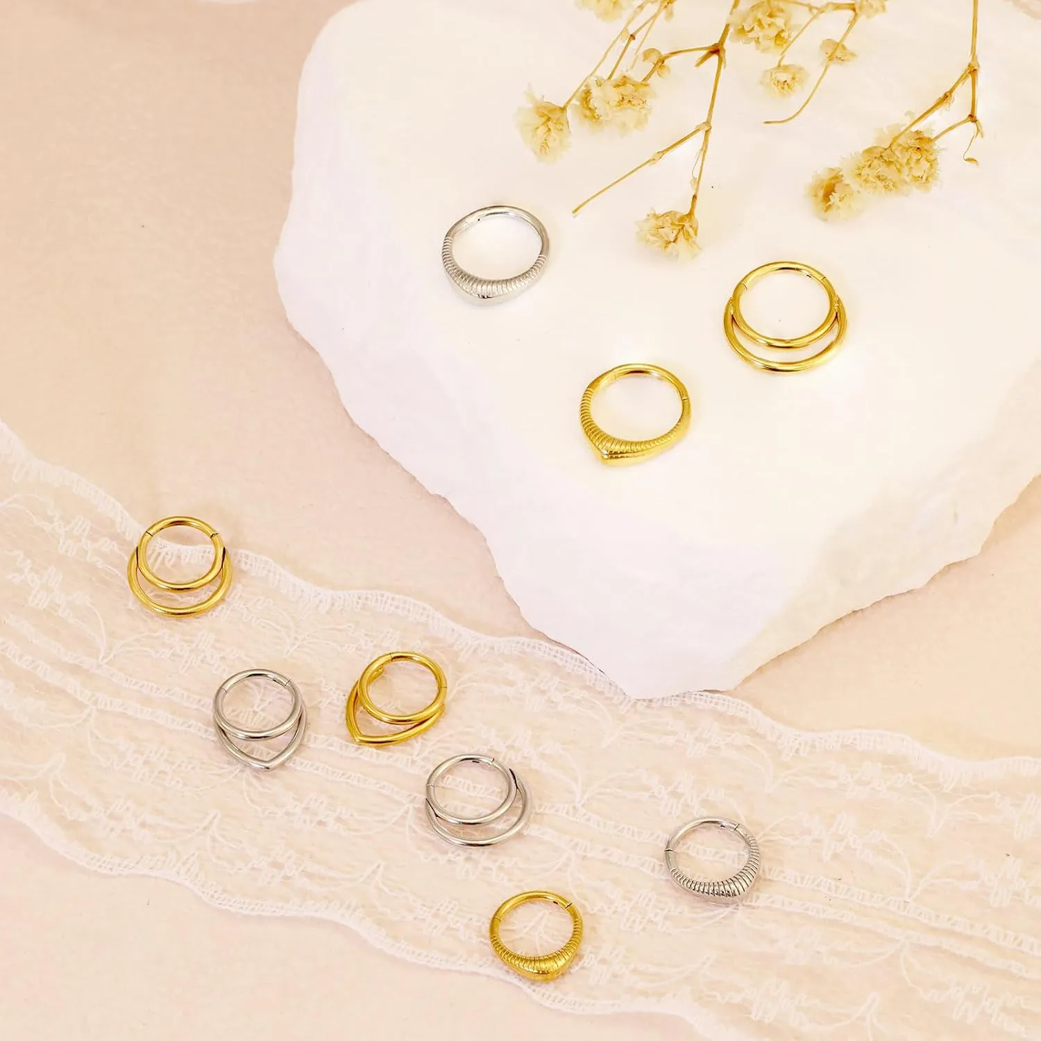 Gold Nose Rings Hoops 316L Surgical Steel Flower Nose Ring Silver Septum Rings 16g Clicker Daith Hinged Piercing Jewelry Gifts 1.2 * 8mm