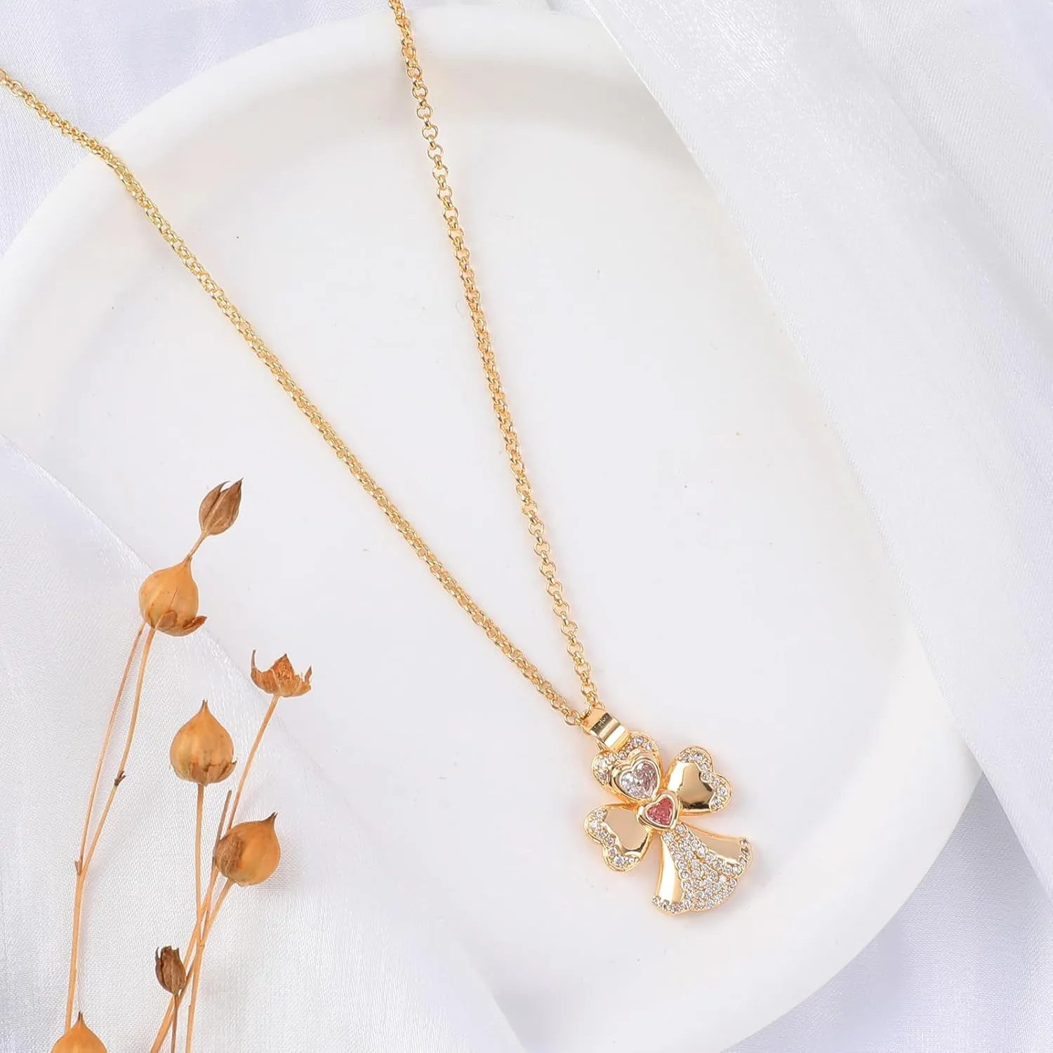Gold Pendant Necklace Flower Rudder Compass Necklace for Women, Four Leaf Clover Saturn Moon Star Gold Plated Chain Dainty Necklaces Trendy Jewelry Wedding Anniversary Birthday Gift for Her