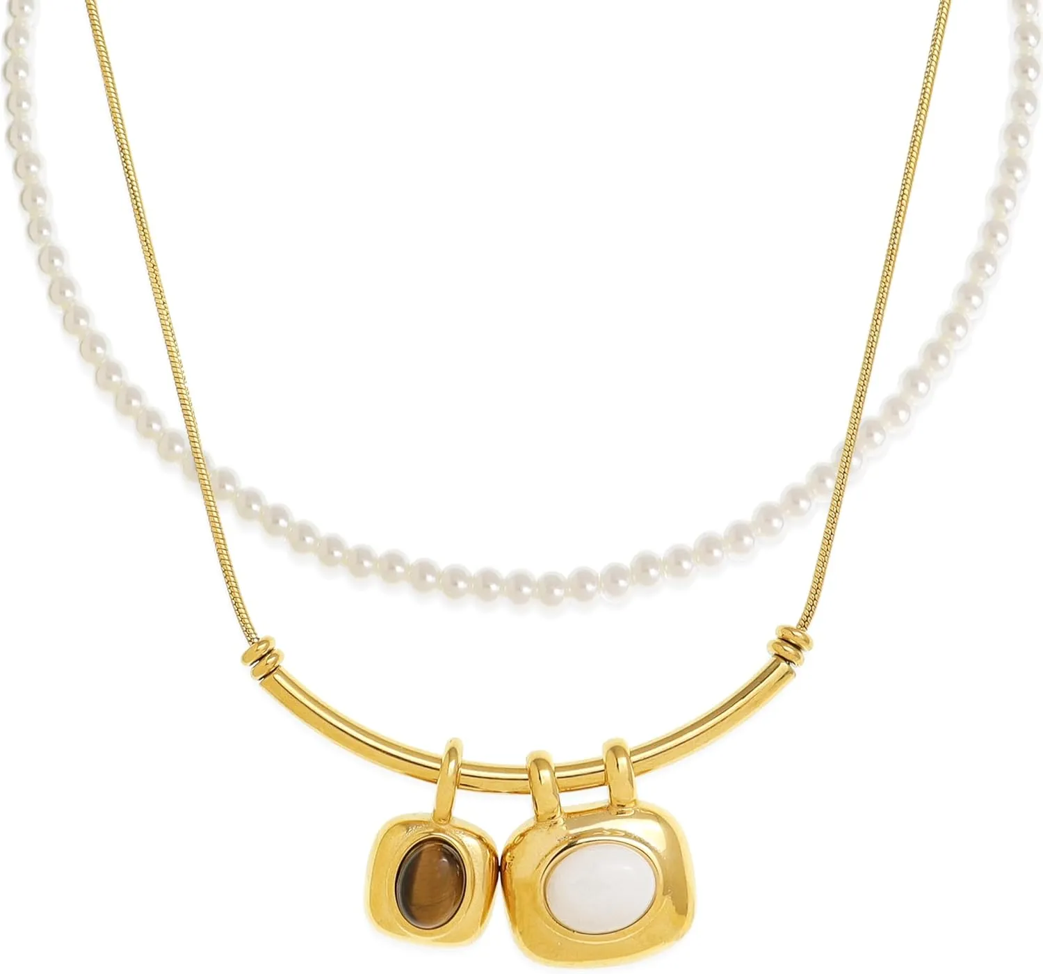Gold Pendant Pearl Layered Choker Necklace Set for Woman, Chunky Charm Adjustable Pearls Bead Gemstone Shell Conch Tiger Eye Natural Stone Bow Chain Nacklaces Fall Fashion Prom Jewelry Gift.