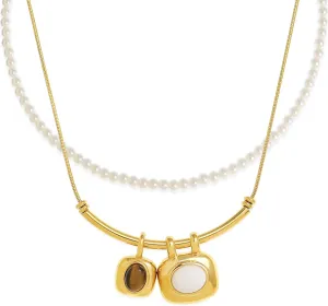 Gold Pendant Pearl Layered Choker Necklace Set for Woman, Chunky Charm Adjustable Pearls Bead Gemstone Shell Conch Tiger Eye Natural Stone Bow Chain Nacklaces Fall Fashion Prom Jewelry Gift.