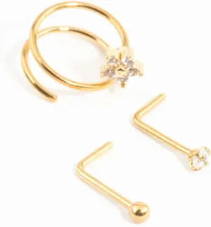 Gold Plated Surgical Steel Mini Cubic Zirconia Flower Nose Stud & Ring 3-Pack | Premium PVD Gold-Plating | Hypoallergenic