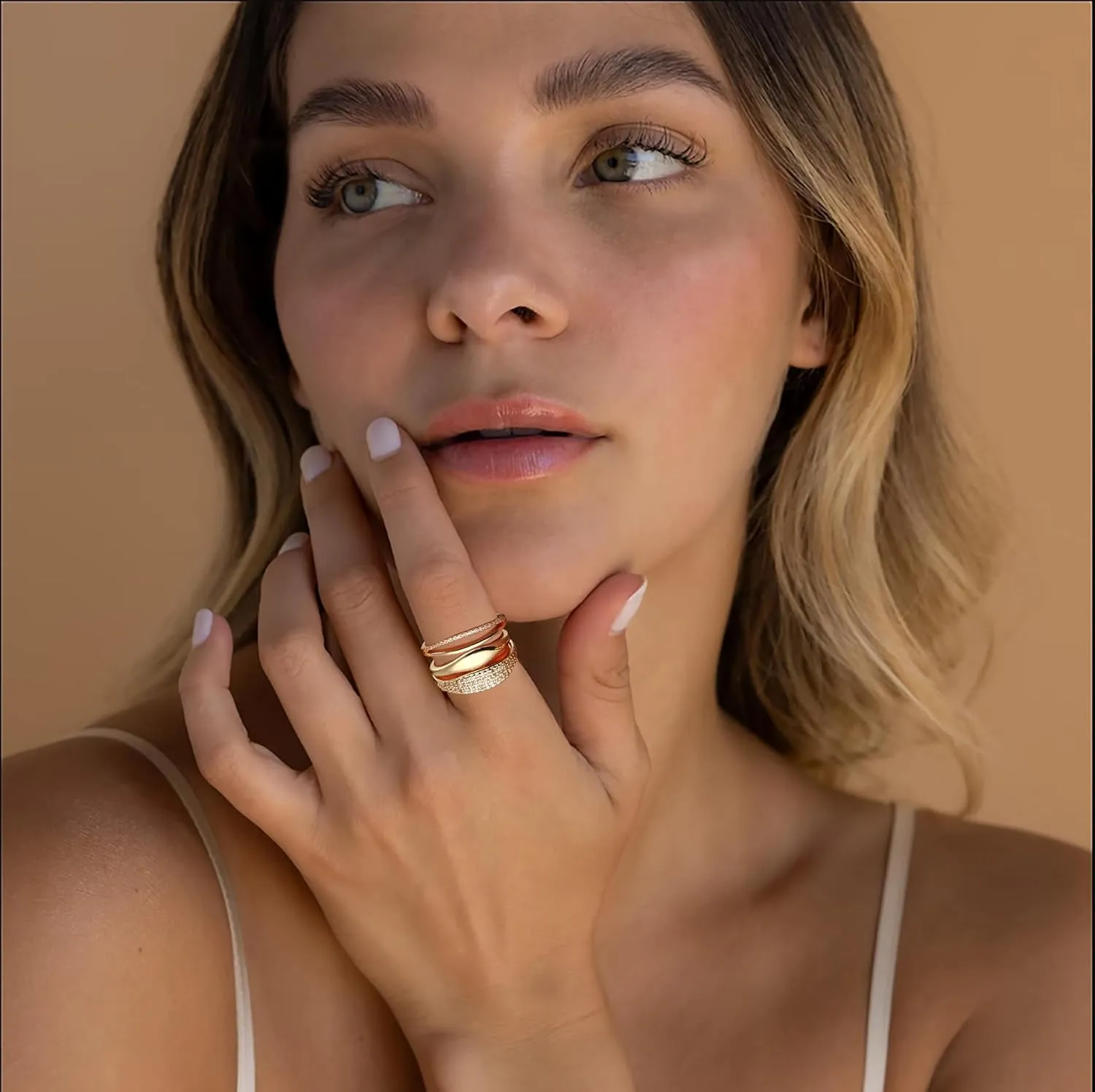 Gold Rings for Women 14k Gold Plated Rings Set Non Tarnish Stackable Gold Rings Trendy CZ Dainty Cubic Zirconia Thumb Ring Wedding Jewelry for Women Size 5 6 7 8 9