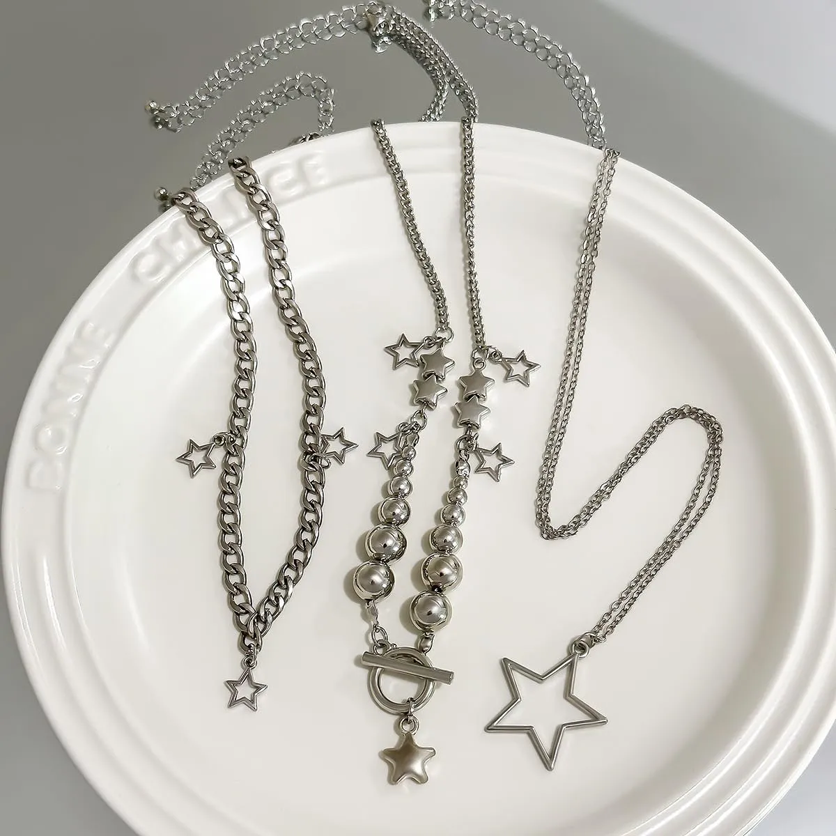 Gold Silver Star Layered Chain Necklace Set Pentagram Pendant Necklaces Punk Y2K Grunge Jewelry Gifts for Women
