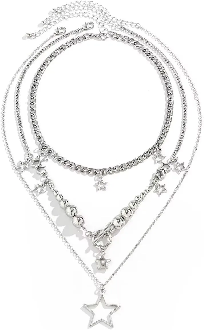 Gold Silver Star Layered Chain Necklace Set Pentagram Pendant Necklaces Punk Y2K Grunge Jewelry Gifts for Women