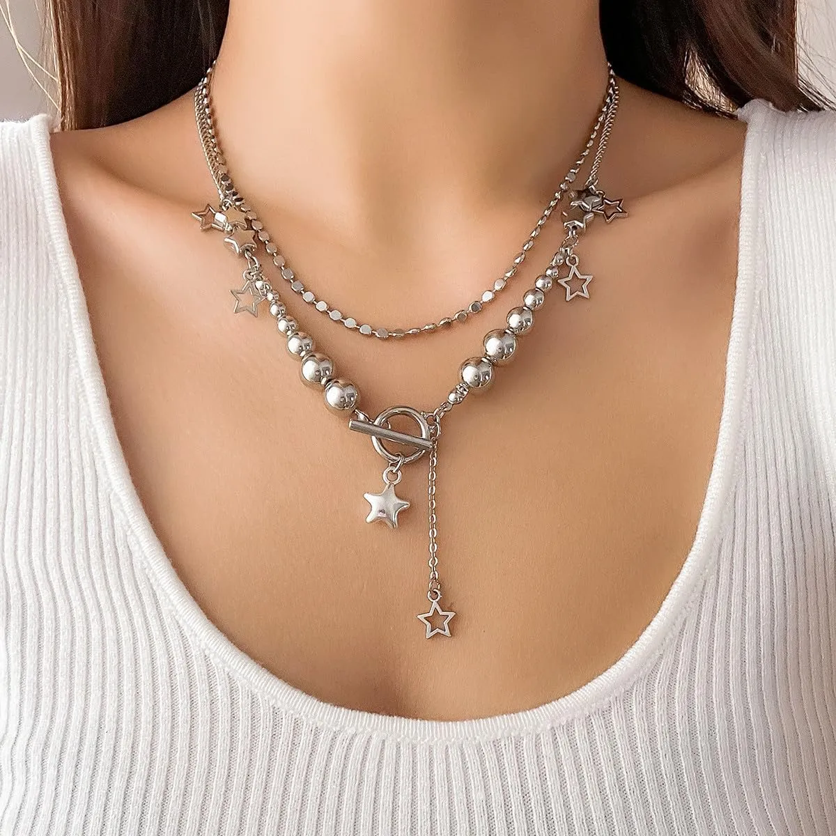 Gold Silver Star Layered Chain Necklace Set Pentagram Pendant Necklaces Punk Y2K Grunge Jewelry Gifts for Women