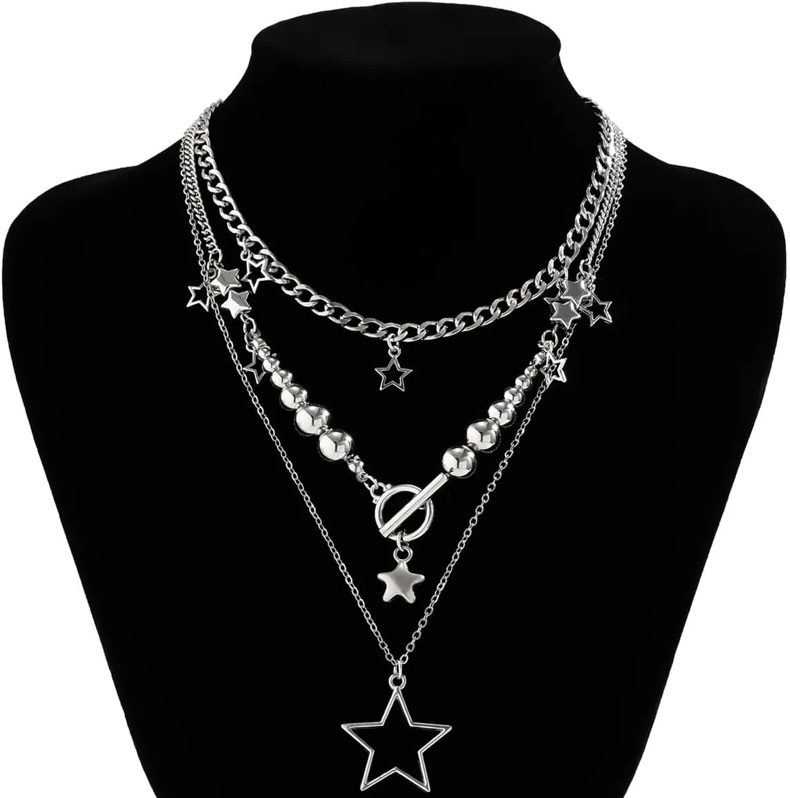 Gold Silver Star Layered Chain Necklace Set Pentagram Pendant Necklaces Punk Y2K Grunge Jewelry Gifts for Women