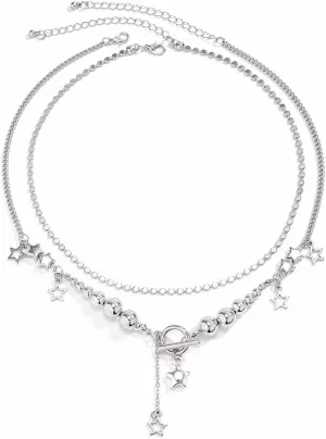 Gold Silver Star Layered Chain Necklace Set Pentagram Pendant Necklaces Punk Y2K Grunge Jewelry Gifts for Women