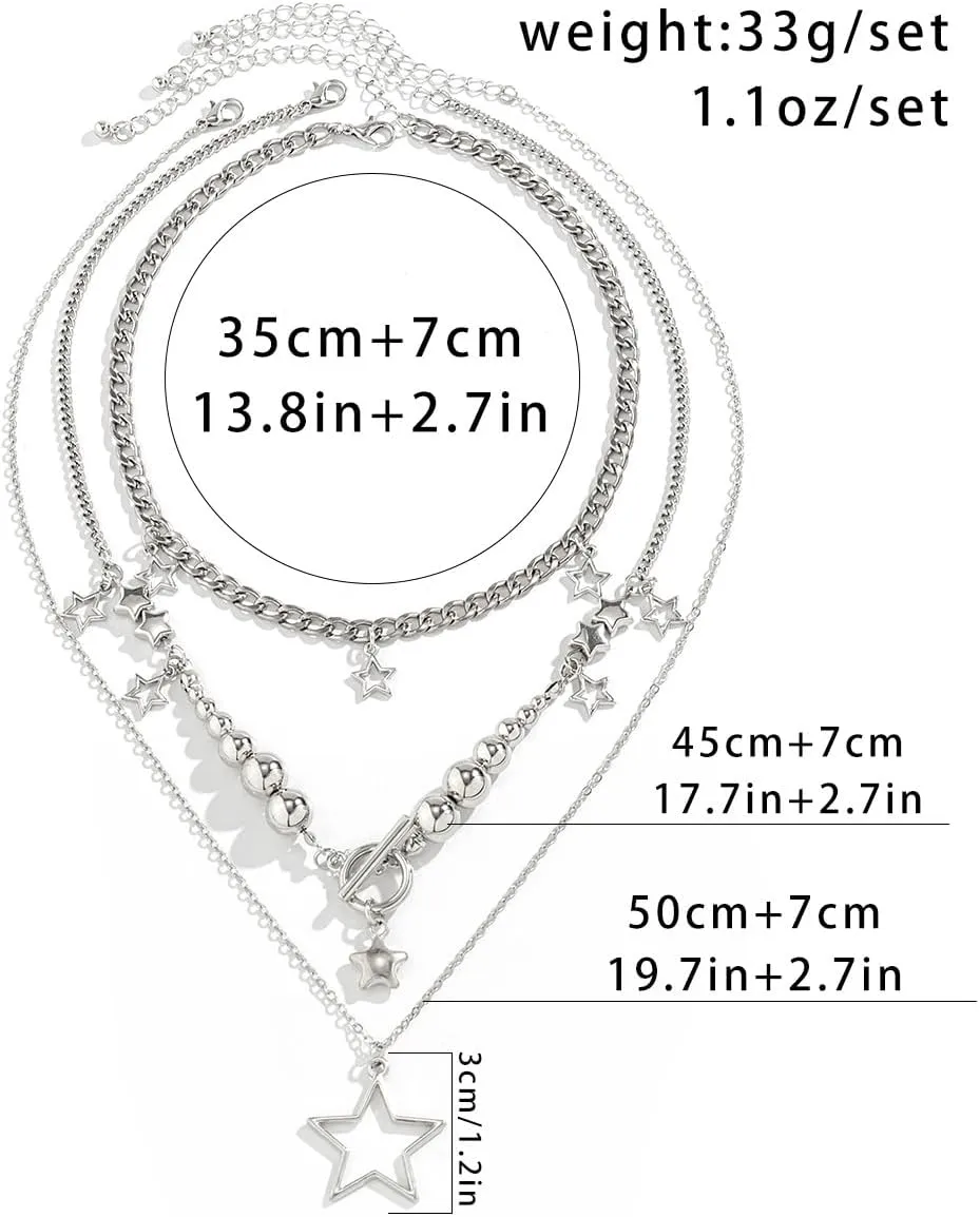 Gold Silver Star Layered Chain Necklace Set Pentagram Pendant Necklaces Punk Y2K Grunge Jewelry Gifts for Women