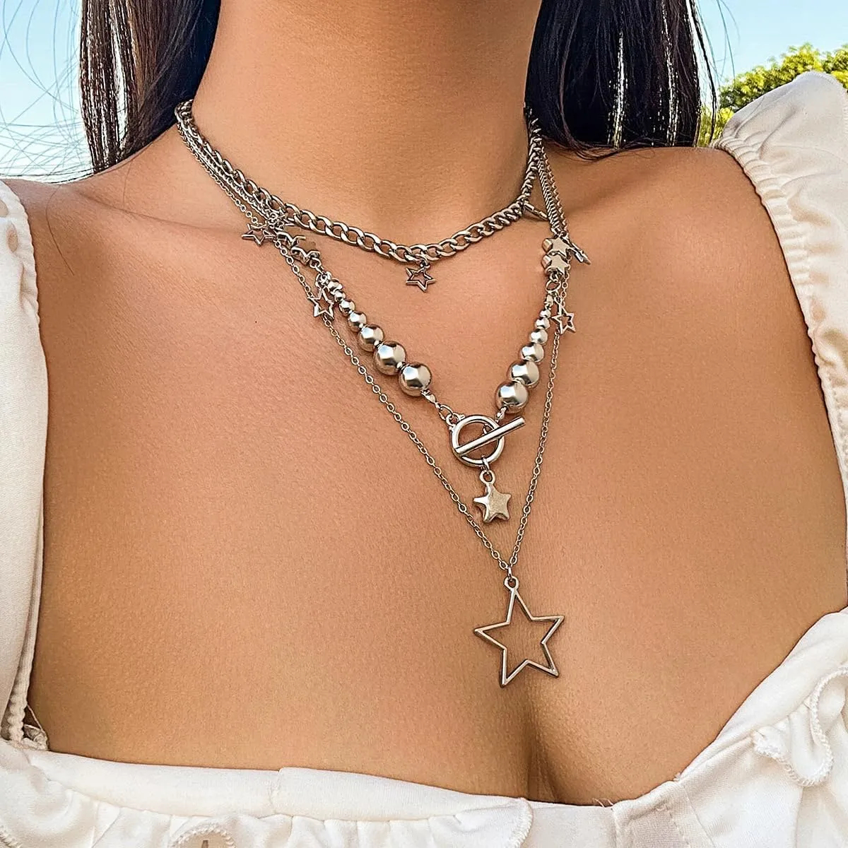Gold Silver Star Layered Chain Necklace Set Pentagram Pendant Necklaces Punk Y2K Grunge Jewelry Gifts for Women