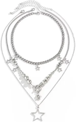 Gold Silver Star Layered Chain Necklace Set Pentagram Pendant Necklaces Punk Y2K Grunge Jewelry Gifts for Women