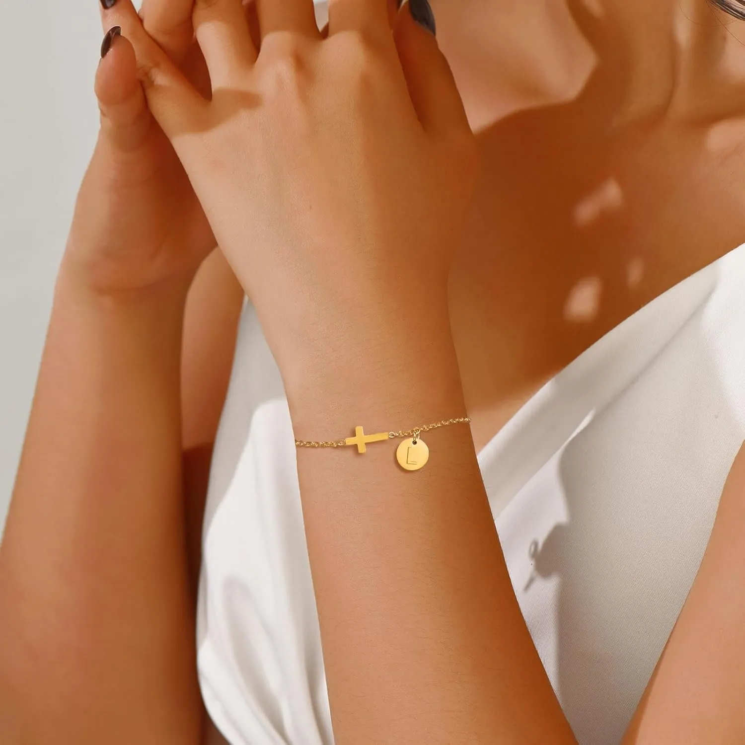 Gold&Silver Plated Cross Bracelet for Women | Adjustable Religious Jewelry Gift with Initial Charm (A-Z) | Christian Baptism, Easter, Birthday Gift for Her