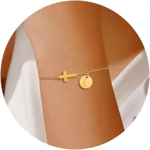 Gold&Silver Plated Cross Bracelet for Women | Adjustable Religious Jewelry Gift with Initial Charm (A-Z) | Christian Baptism, Easter, Birthday Gift for Her