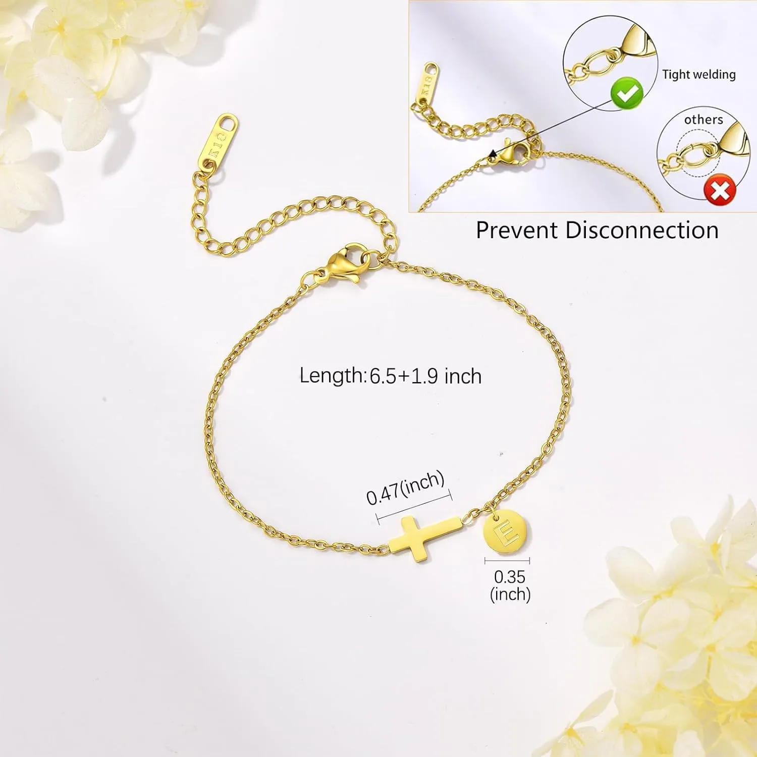 Gold&Silver Plated Cross Bracelet for Women | Adjustable Religious Jewelry Gift with Initial Charm (A-Z) | Christian Baptism, Easter, Birthday Gift for Her
