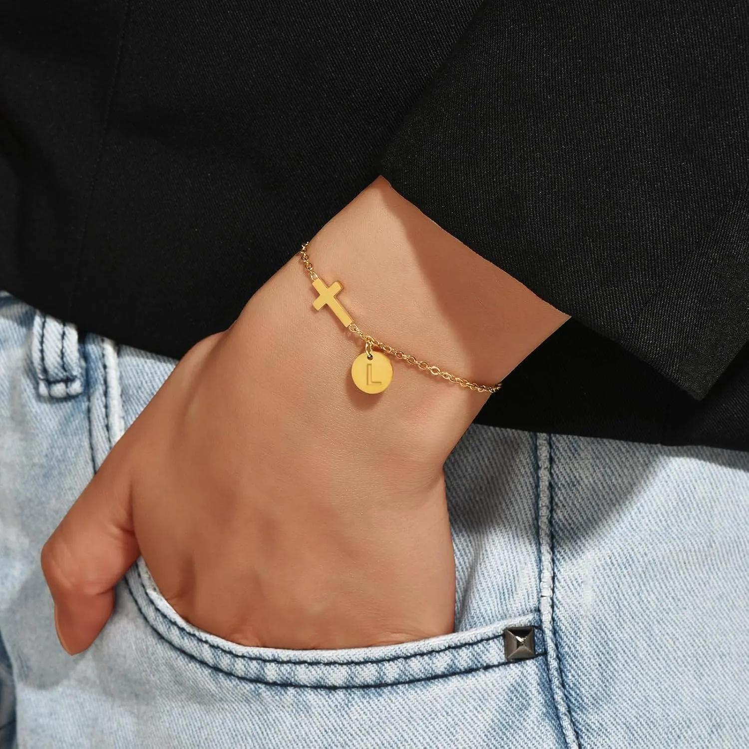 Gold&Silver Plated Cross Bracelet for Women | Adjustable Religious Jewelry Gift with Initial Charm (A-Z) | Christian Baptism, Easter, Birthday Gift for Her