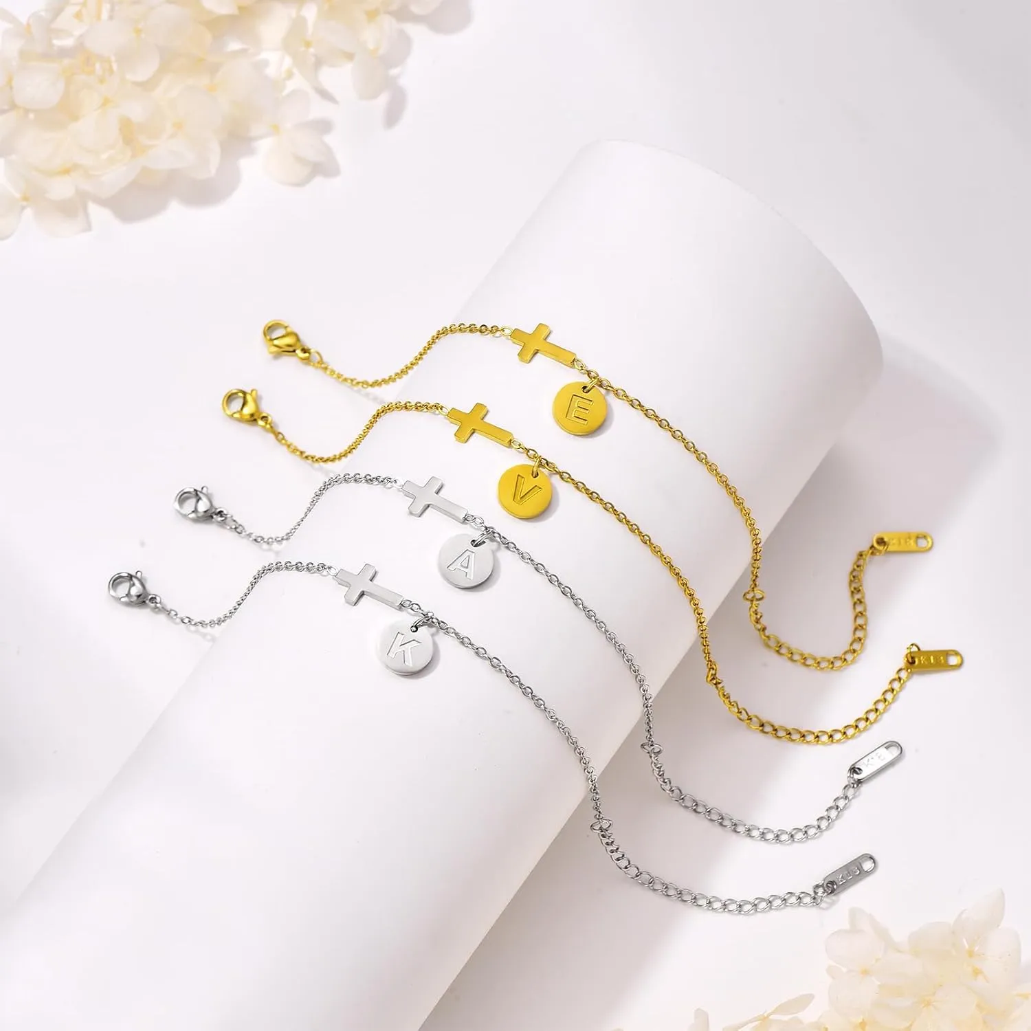 Gold&Silver Plated Cross Bracelet for Women | Adjustable Religious Jewelry Gift with Initial Charm (A-Z) | Christian Baptism, Easter, Birthday Gift for Her