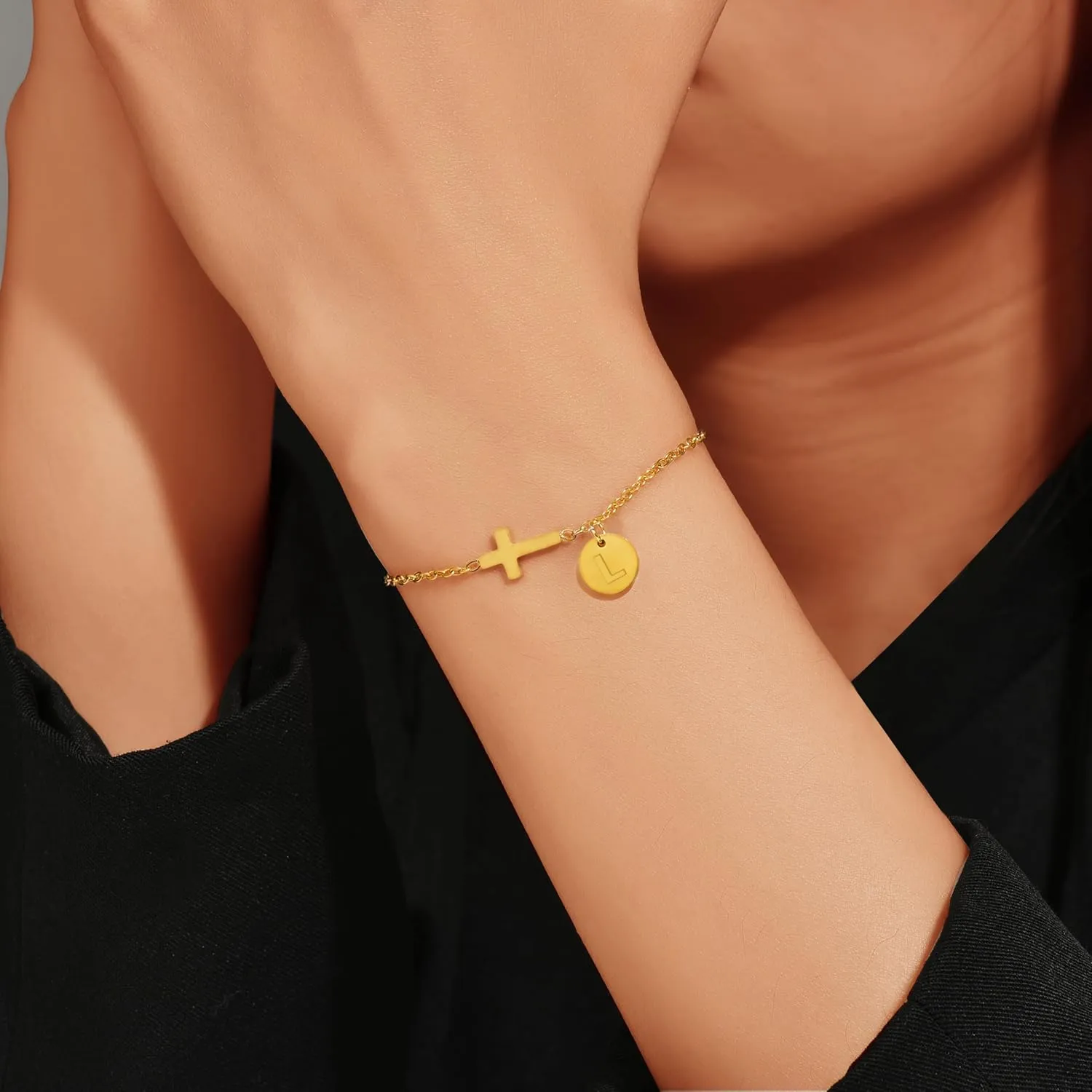 Gold&Silver Plated Cross Bracelet for Women | Adjustable Religious Jewelry Gift with Initial Charm (A-Z) | Christian Baptism, Easter, Birthday Gift for Her