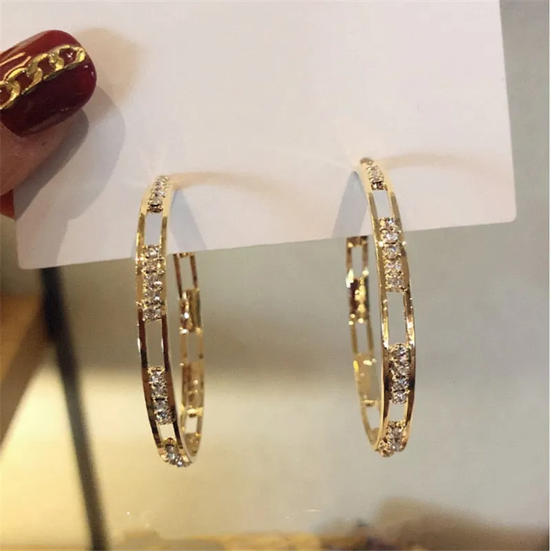 Golden Round Crystal Hoop Earrings Geometric Rhinestones Earrings