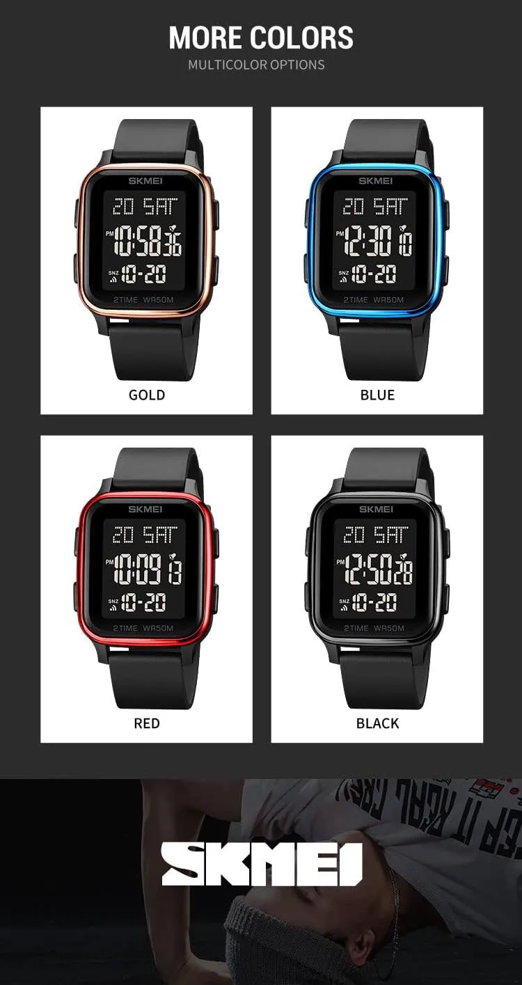 Gosasa Classic Square Face Unisex Women's Men's Digital Multifunction Outdoor Casual Watch Countdown 50M Waterproof Led Light Wristwatch