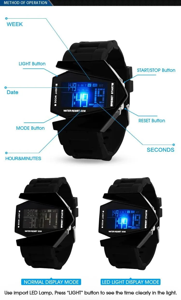 Gosasa Creative Mens LED Watch Airplane Shape Fashion Multifunction Watch for Men Date Silicone Strap Waterproof Casual Unisex Wristwatch