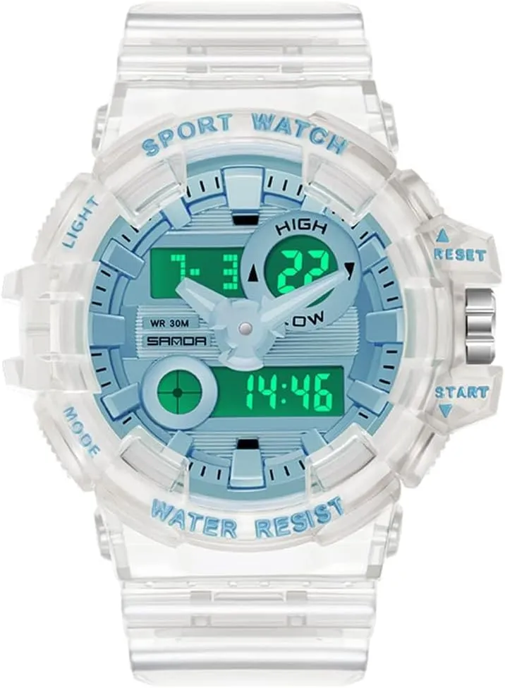 Gosasa Mens Womens Large Dial Transparent Multifunction Digital Watch Casual Dual Display 12H/24H Stopwatch Calendar Unisex Wrist Watch