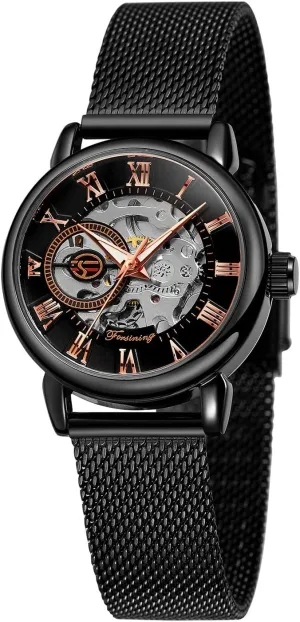 Gosasa Women's Skeleton Watch Fashion Hollow Mechanical Watch Hand-Wind Mesh Strap Luminous Roman Numeral Casual Ladies Wristwatch
