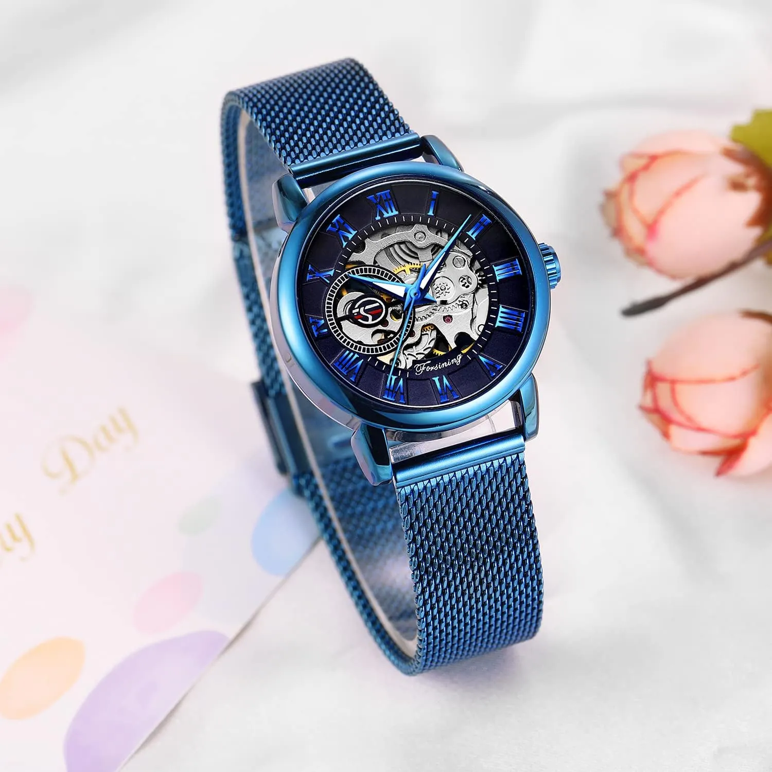Gosasa Women's Skeleton Watch Fashion Hollow Mechanical Watch Hand-Wind Mesh Strap Luminous Roman Numeral Casual Ladies Wristwatch